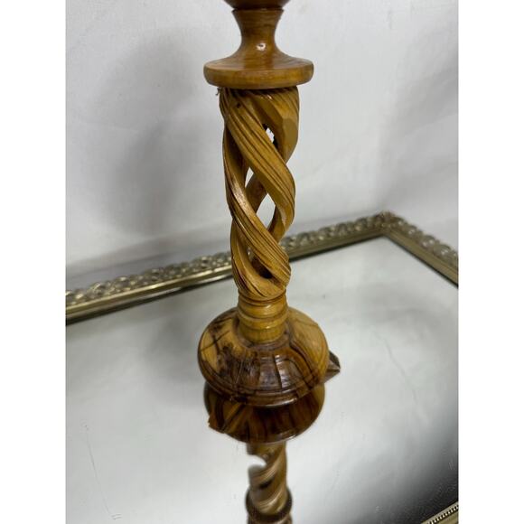 Vintage Hand Carved Olive Wood Open Spiral Candlesticks Candle Holders - Picture 4 of 9